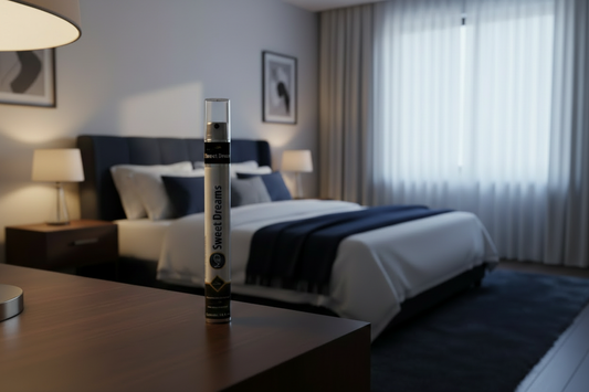 MD Sweet Dreams natural sleep spray on a bedside table — premium wellness bedroom